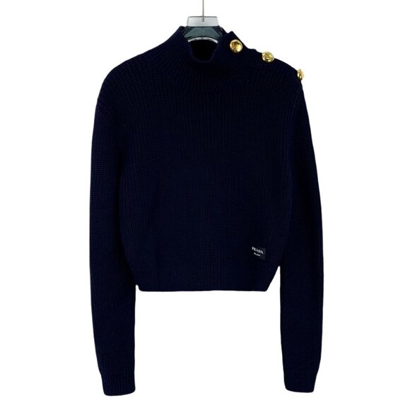 PRADA Milano Navy Cropped Sweater With Gold Buttons 100% Virgin Wool Size 38 - Picture 1 of 16